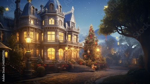 Victorian mansion with a glowing Christmas tree visible through bay windows.