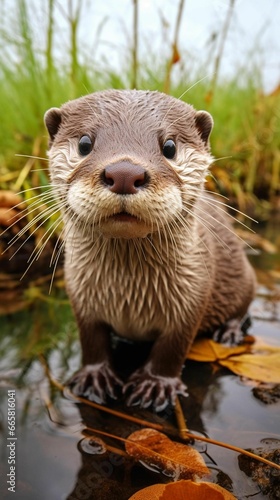AI generated illustration of an otter standing in a body of water near a collection of autumn leaves