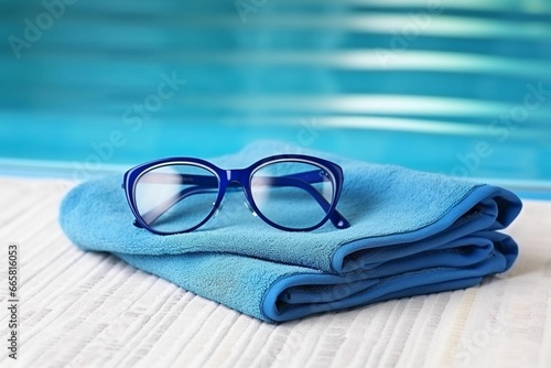 AI generated illustration of a pair of blue sunglasses rests on the edge of a swimming pool