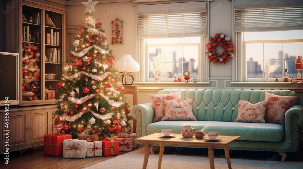 Vintage-inspired living room with classic Christmas decor, including retro ornaments and a tinsel-covered tree.