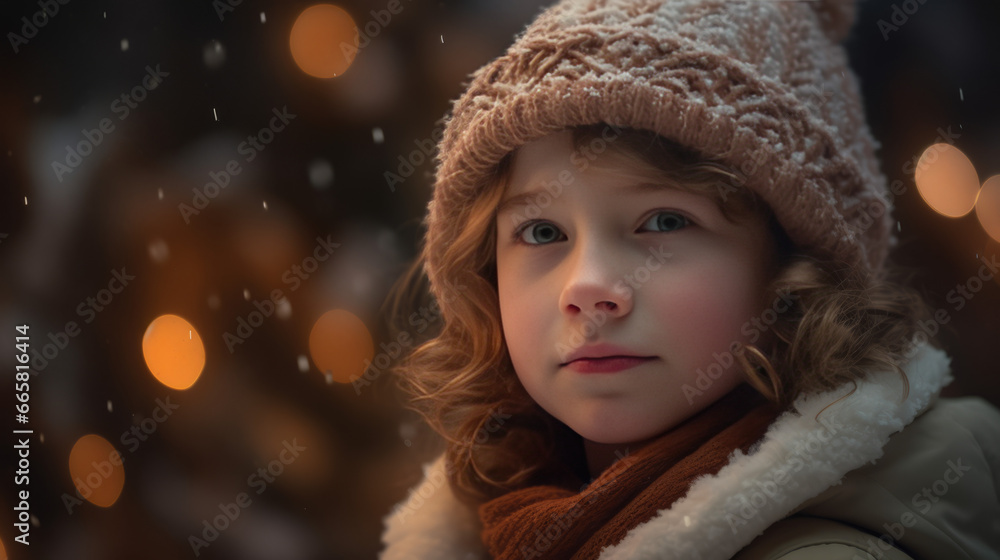 Portrait of a boy outside with snow falling, christmas lights in the background, generated with ai. Portrait of a boy outside with snow falling, christmas lights in the background, generated with ai.