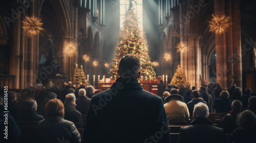 Foto People in church at christmas night with beautiful christmas tree, generated with ai