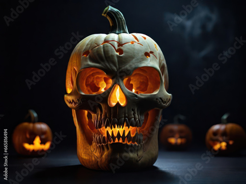 Scarry human skull curved out of halloween pumpkin as Jack-o-Lantern on black background