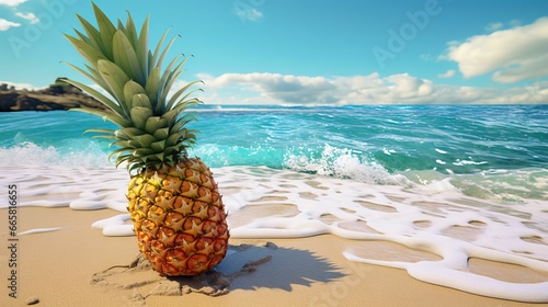 A tropical yellow-green pineapple resting on a sandy beach surrounded by a turquoise ocean