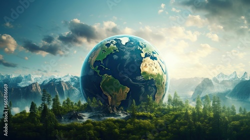 AI-generated illustration of a small globe surrounded by trees in front of a mountainous backdrop © Wirestock