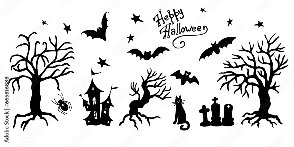set of vector images for halloween. Black silhouettes of a bat, a spider, trees, graves, a castle, and a black cat drawn in a doodle style.