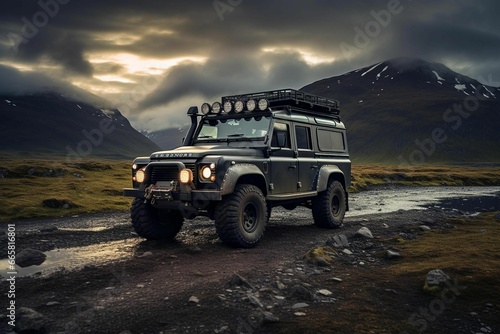 SUV driving along a rocky off-road path in front of a stunning natural landscape, AI-generated.