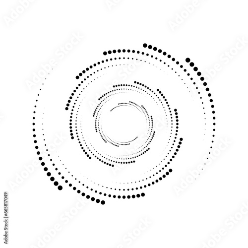 Black halftone dots in vortex form. Halftone dotted lines. Trendy element for posters, social media, logo, frames, promotion, flyer, covers, banners, backdrop