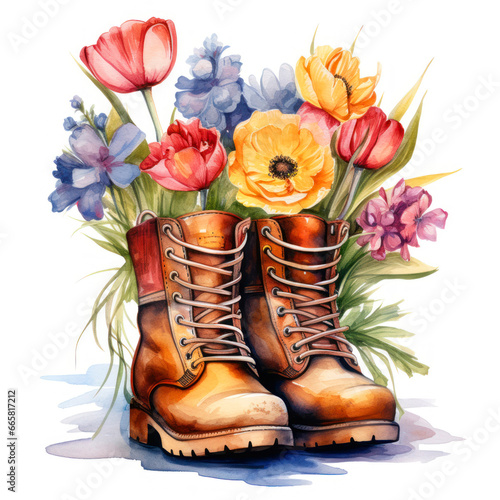 Bouquet of spring flowers with boots. Watercolor illustration.