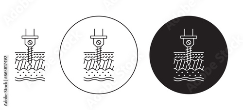 well drilling thin line icon set. deep ground water borehole vector symbol. artesian well sign in black and white color photo
