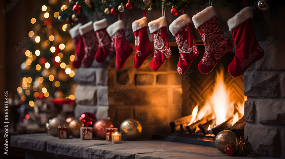 Red stockings hanging near fireplace, warm cozy room with christmas decorations showcasing the christmas spirit