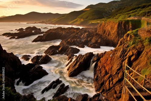 A peaceful rock sits at the water's edge, bathed in the gentle embrace of the waves. The harmonious convergence of land and sea evokes a sense of balance and tranquility in nature's symphon