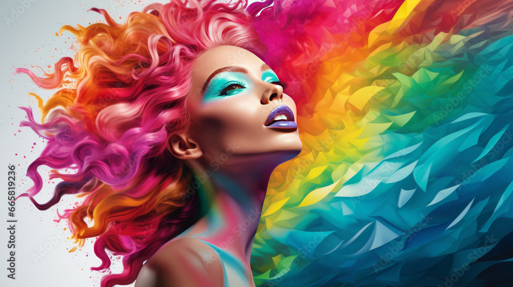 Portrait of woman with colorful make-up surrounded by a rainbow color explosion, generated with ai