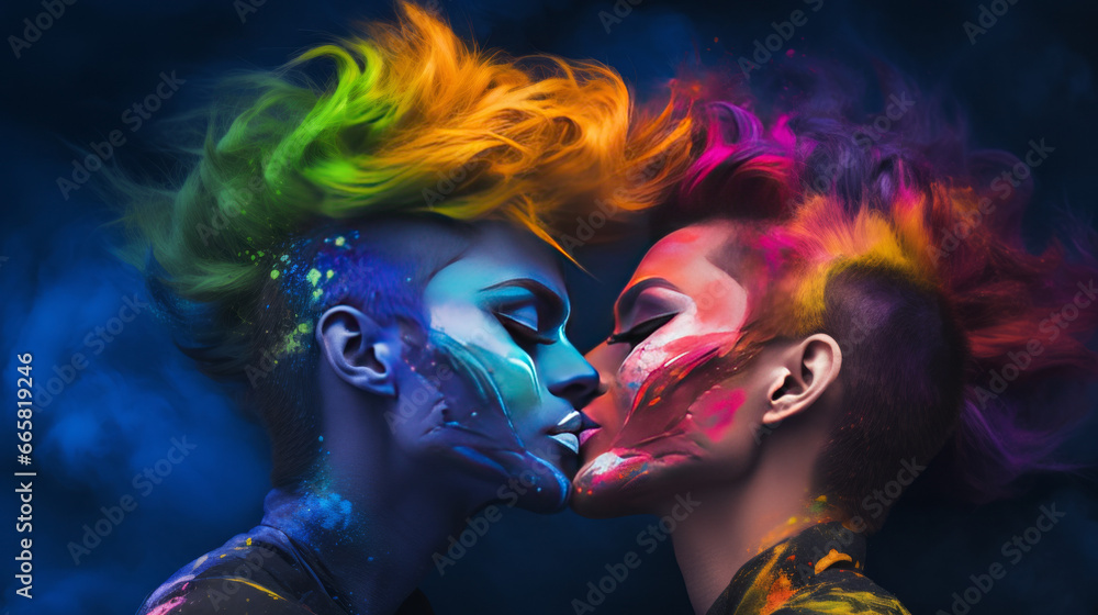 Two members of the LGBTQ community in rainbow colors kissing each other, generated with ai