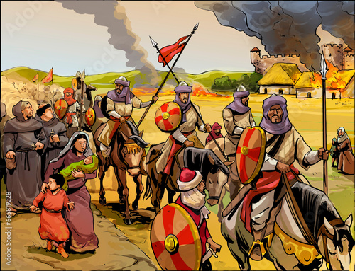 Illustration about the Muslim invasion in ancient Europe. Moorish occupation of Spain in the Middle Ages