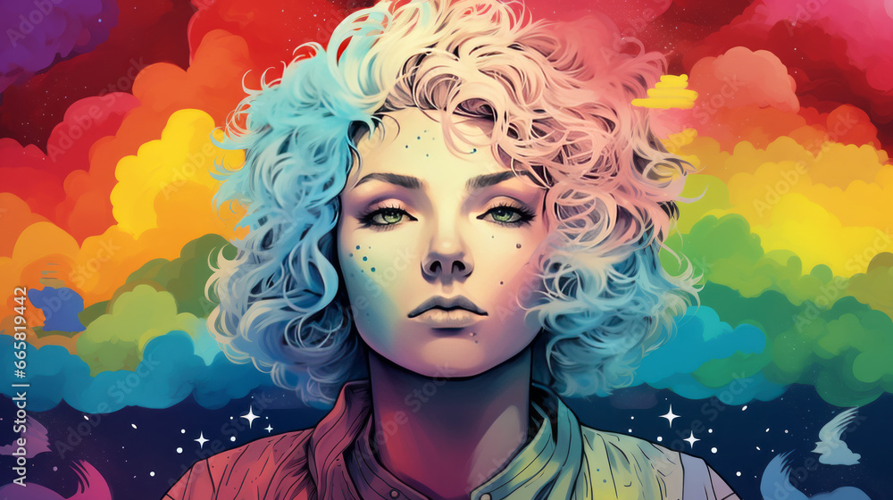 Colorful portrait art of girl in rainbow universe, generated with ai