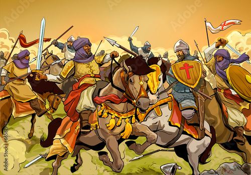 Illustration in comic style of Christian vs Muslim crusades.Battle scene.