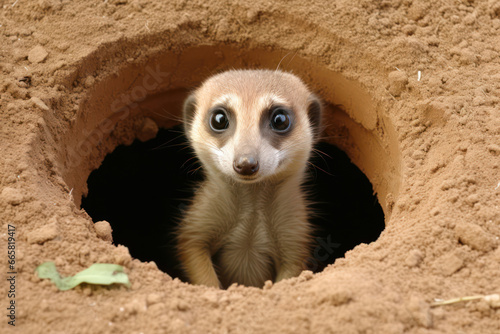 A meerkat peering out from its burrow, the intricate network of underground tunnels symbolizing the meerkat's ability to create safe havens in the harsh and unpredictable savannah environmen photo