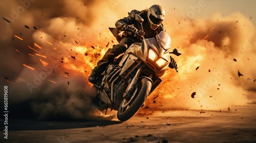 Adrenaline Rush: Motorcycle Escape Amid Explosions. Generative ai