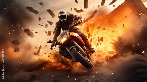 Adrenaline Rush: Motorcycle Escape Amid Explosions. Generative ai photo