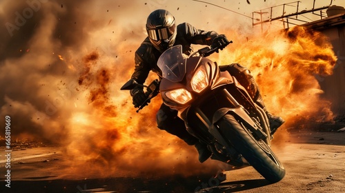 Adrenaline Rush: Motorcycle Escape Amid Explosions. Generative ai