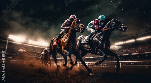 Moonlit Gallop: Night Race at the Hippodrome. Generative ai © Scrudje