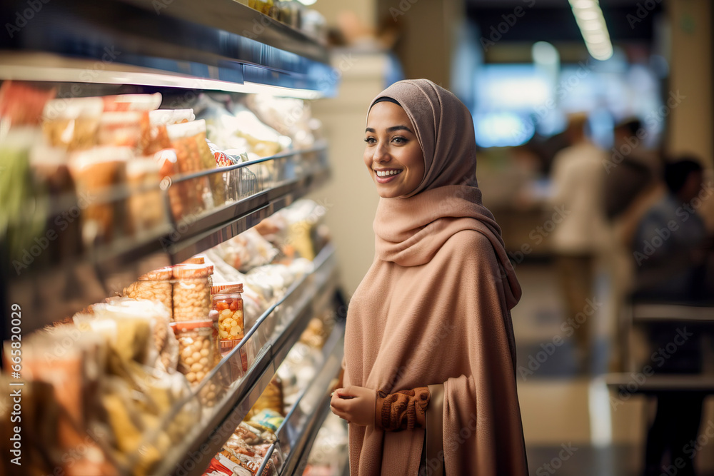 A Muslim woman wearing a hijab shopping in a supermarket