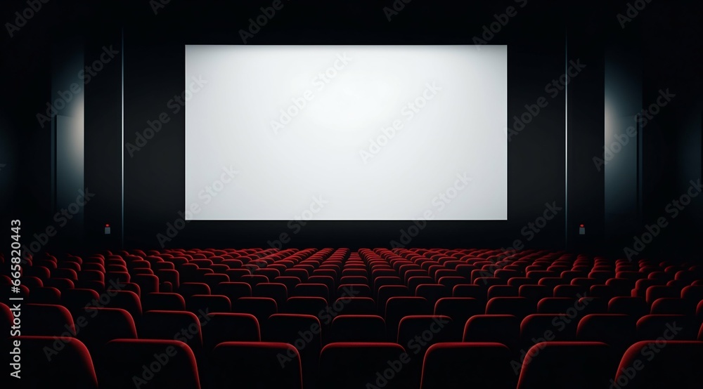Cinema Awaits: Blank Movie Screen with Audience in Modern Theater. Generative ai