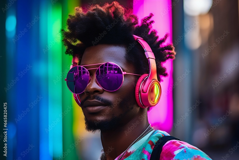 Urban Beat: Neon-Clad Young Man Grooving to Music. Generative ai