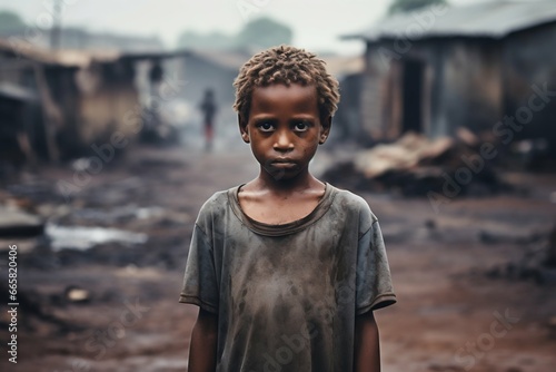 Glimpse of Innocence: Young Boy Amidst Challenges in an African Village. Generative ai photo
