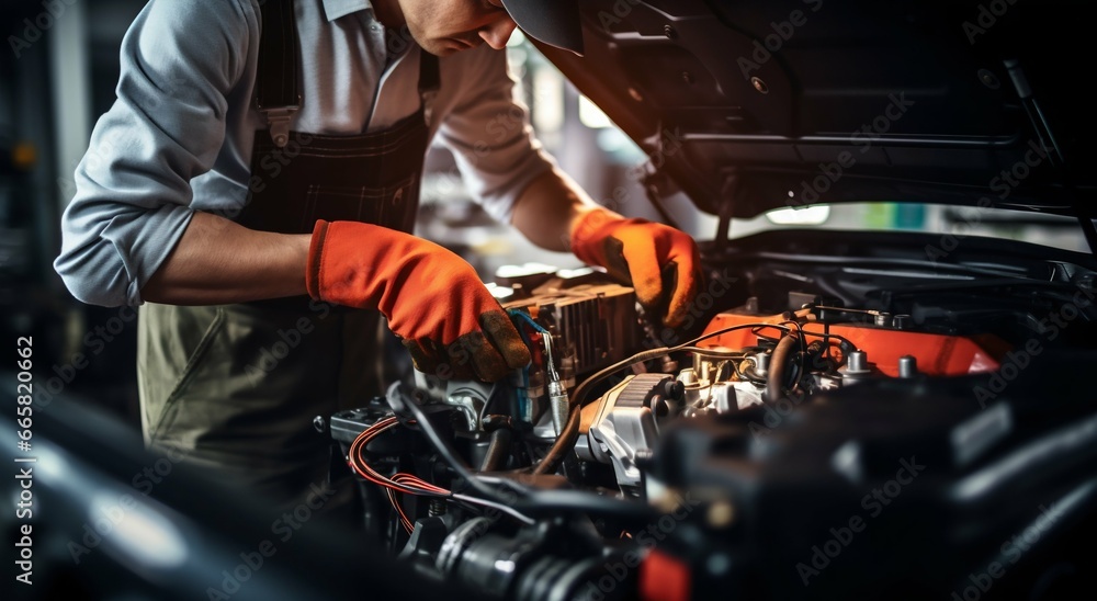 Precision and Care: Mechanic's Expertise in Car Battery Service. Generative ai Precision and Care: Mechanic's Expertise in Car Battery Service. Generative ai
