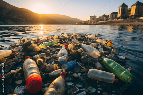 Mountains of garbage on the water. Plastic waste in the sea. Plastic trash on the lake. 3d rendering. The concept of environmental pollution photo