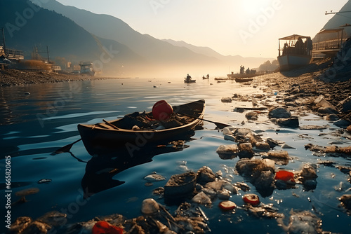 Mountains of garbage on the water. Plastic waste in the sea. Plastic trash on the lake. 3d rendering. The concept of environmental pollution