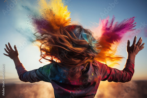 A breathtaking shot of people celebrating Holi at sunset, with vibrant colors splashed against the golden hour sky, creating a magical and surreal atmosphere filled with joy and happiness | ACTORS: Pe