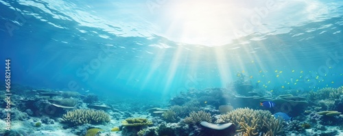World ocean wildlife landscape, sunlight through water surface with coral reef on the ocean floor, natural scene. Abstract underwater background photo