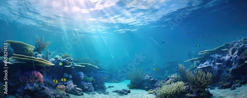 World ocean wildlife landscape  sunlight through water surface with coral reef on the ocean floor  natural scene. Abstract underwater background