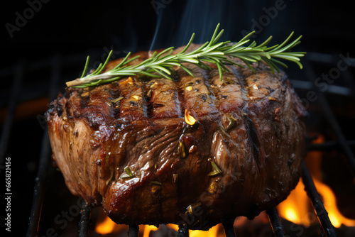 A close-up of a steak being grilled over hot charcoal, capturing the intense heat and smoky flavors associated with charcoal grilling | ACTORS: Charcoal-Grilled Steak | LOCATION TYPE: BBQ Pit | CAMERA