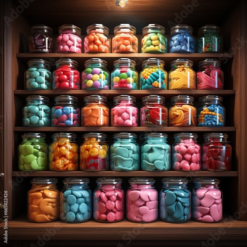 Children's store of sweets and marmalades. Assortment of candies and jelly. Selection of colorful delicious molasses and sugar desserts
