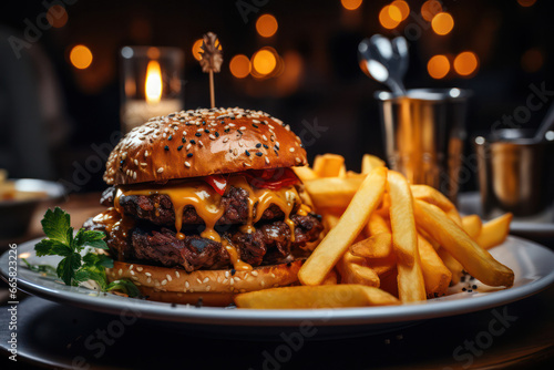 A mouthwatering spread of gourmet vegan burgers, loaded with flavorful toppings, served with crispy fries and a side of homemade vegan sauces, enticing burger lovers with their impressive presentation photo