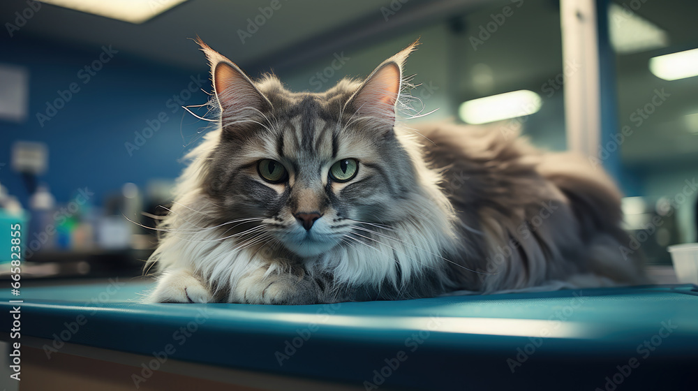 fluffy cute domestic cat at a veterinarian's appointment, animal clinic, pet, veterinary medicine, health, treatment, therapist, feline, kitten, care, office, room, professional