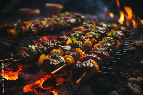 A mouth-watering shot of a street food vendor preparing and grilling skewers of succulent marinated meats, releasing aromatic smoke and sizzling sounds, offering a sensory delight | ACTORS: None | LOC photo