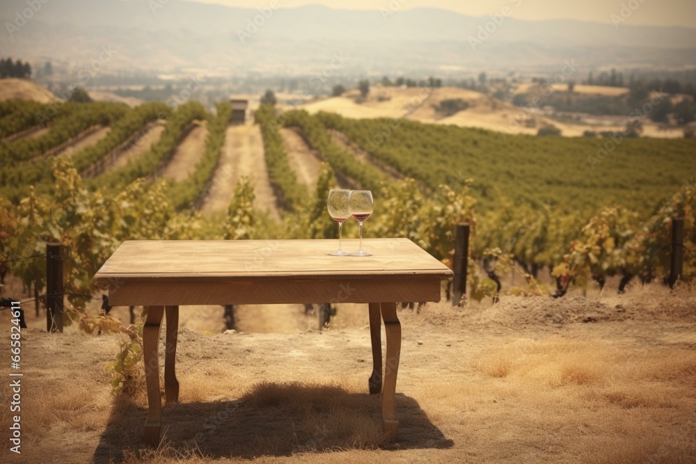 Unoccupied table surrounded by blurry vineyard backdrop. Generative AI