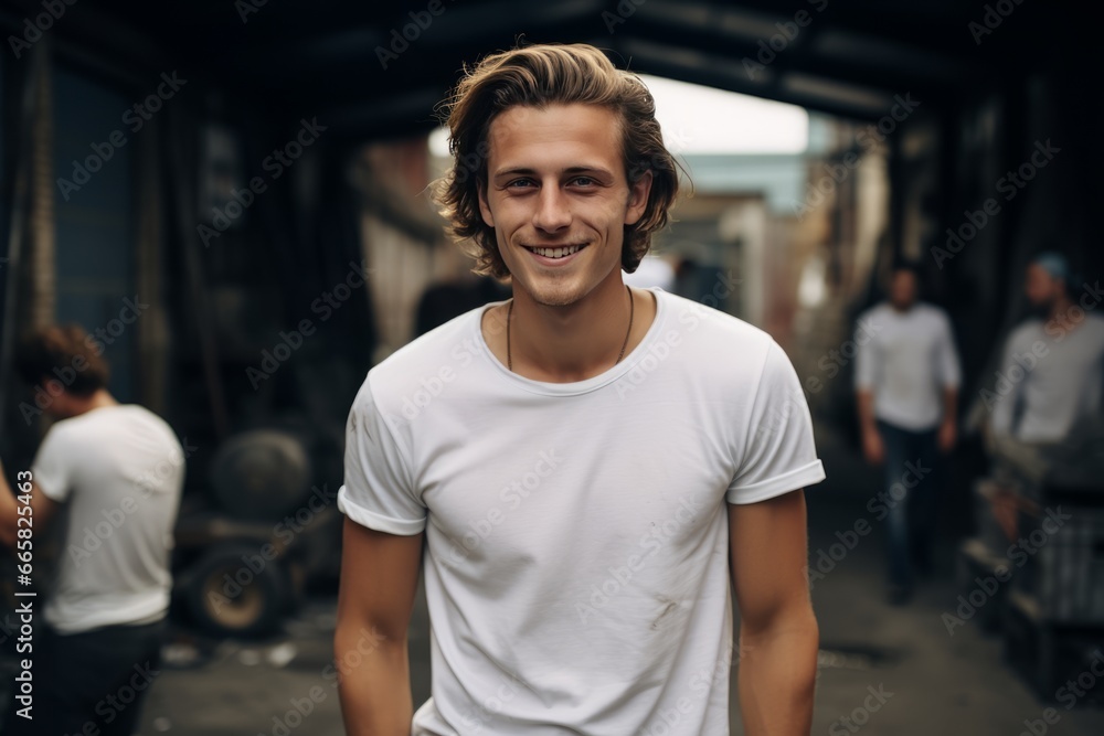 A young stylish man in a white T-shirt and. Street photo A young stylish man in a white T-shirt and. Street photo
