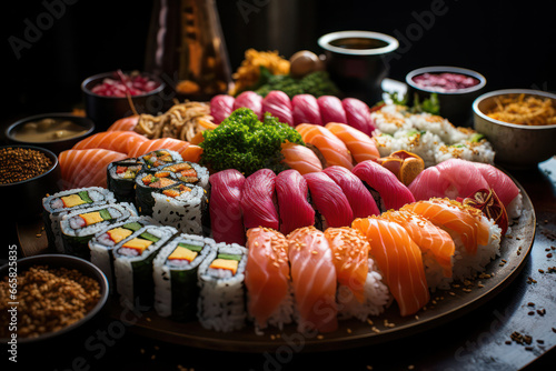A stunning platter of vegan sushi rolls, showcasing a combination of traditional and innovative fillings, arranged with precision and served with soy sauce and wasabi