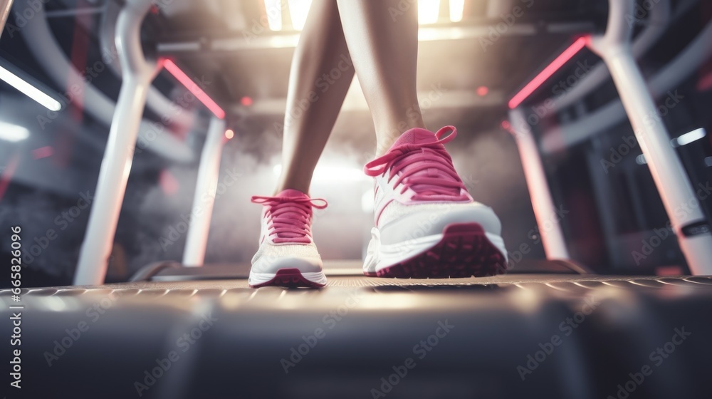Feet close-up in stylish, modern and comfortable sneakers on a treadmill. Health, sport concept - obrazy, fototapety, plakaty 