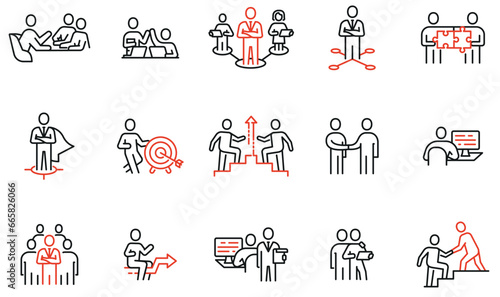 Vector set of linear icons related to human resource management, relationship, business leadership, teamwork, cooperation and personal development. Infographics design elements - part 7