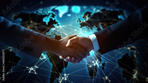 Businessmen handshake global stock market graph bar chart globe network connection links diagram background. 
