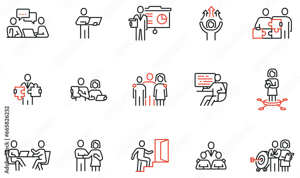 Vector set of linear icons related to human resource management, relationship, business leadership, teamwork, cooperation and personal development. Infographics design elements - part 9