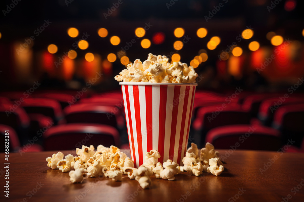 Red and white bucket with popcorn against abstract blurred background. Snacks for movie theatre