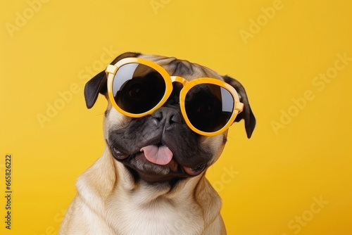 Anthropomorphic portrait of successful dog in sunglasses on yellow background. Dog that looks like boss © Lazy_Bear